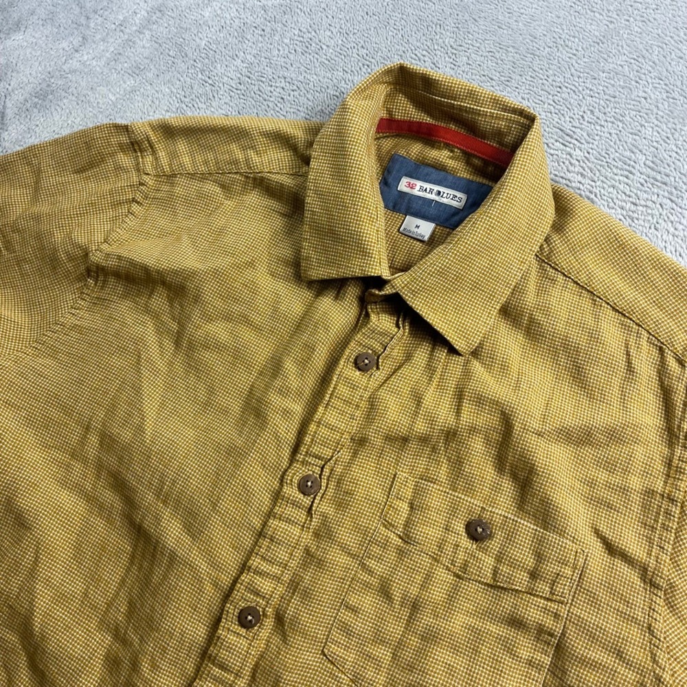 32 Bar Blues Mens Mustard Yellow Cotton Linen Micro Check Short Sleeve Shirt M